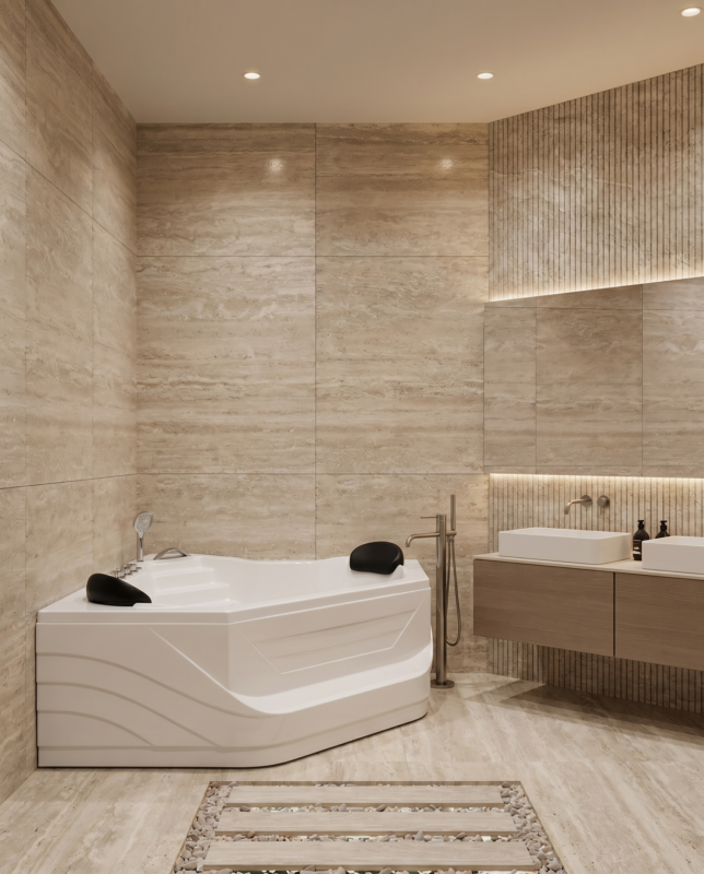 Bồn tắm góc trong phòng tắm travertine hiện đại